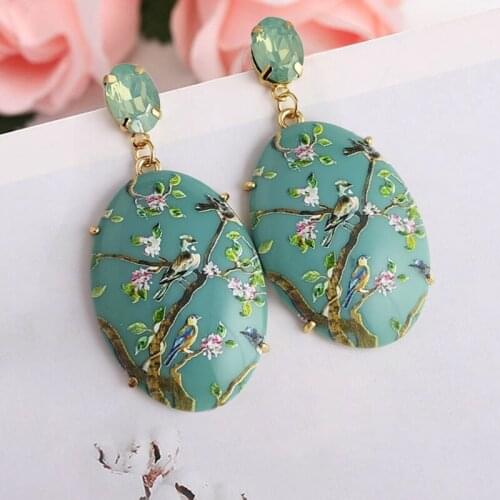 Resin Big Oval Drop Earrings Chinese Flower and bird Illustration Oval Drangle Earring For Women Ladies Fashion Special Jewelry