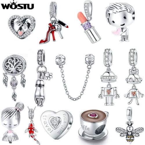 WOSTU Family Heart Charm High heels Mirror Makeup Pendant Bee Boy & Girl Charm Dreamcatcher Beads Jewelry Making Copper Zircon