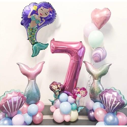 Mermaid Theme Party Balloons Decoration Adornment Birthday 1 Year Pink Foil Balls Globos for Children Baby Shower Party Supplies