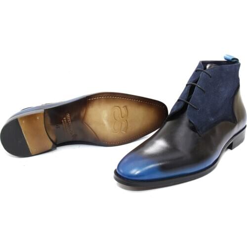 SHENBINs Handmade Chukka/Desert Boots with Black & Blue Patina and Suede, Genuine Leather Soles, Mens Pointed Toe Fashion