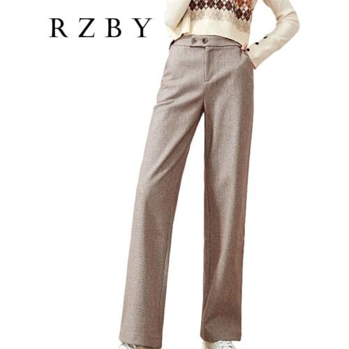 Spring Women Wool Pants Elegant High Waist Trousers Slim Female Work Suit Pant Thick Soft Straight Pants Casual For Lady RZBY195