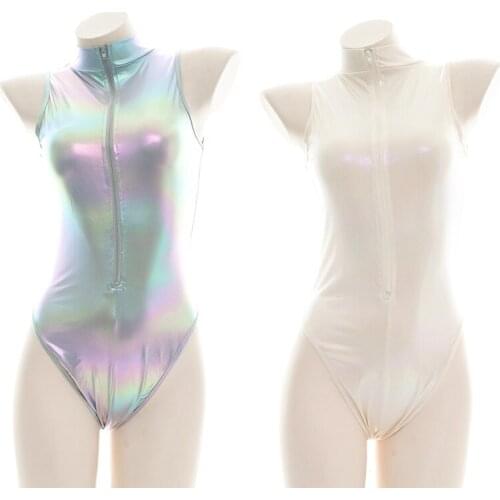 Japanese Super Cool Jumpsuits Sukumizu Laser Reflective Bodysuit Sexy Womens Zipper One-piece Home Wear Pajamas Swimsuit