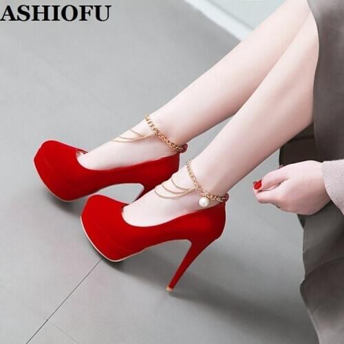 ASHIOFU Hot Sale New Style Womens High Heels Pumps Faux-leather Chains Party Prom Dress Shoes Platform Evening Fashion Shoes