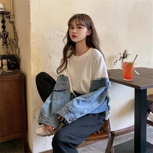 Women Sweatshirt Vintage Denim Stitching Bat Sleeve O Neck Loose Pullover Female Spring Autumn Clothes Kawaii Korean Hoodie Tops