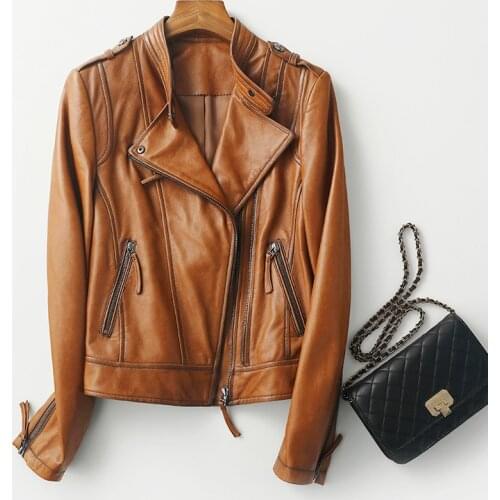 2021 Real Leather Jacket Women Slim Long Sleeve Motorcycle Woman Leather Coat Women Clothing Chaquetas Para Mujer New WPY2946