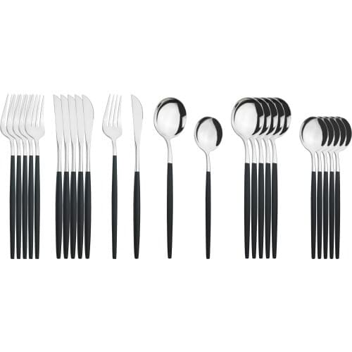 24Pcs/Set Black Silver Cutlery Set Knives Fork Dessert Spoon Dinnerware Set Stainless Steel Silverware Set Kitchen Tableware Set