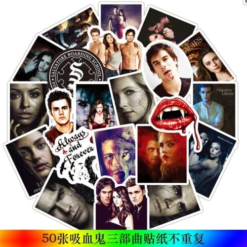 TD ZW 50Pcs/Lot Vampire Diaries Waterproof Movie Stickers On Laptop Luggage Ipad Phone Guitar Decoration Sticker for Children