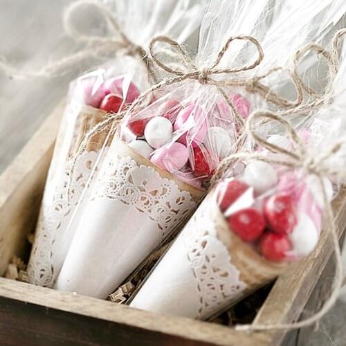 50pcs/lot Sweet Clear Candy Cone Storage Bags Birthday Party Candy Bags Baby Shower Party Wedding Kids Gift Bags Happy Supplies