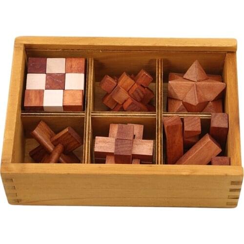 6Pcs/set Classic Wooden Puzzle Mind Brain Teasers Burr Interlocking Puzzles Game Toys for Adults Children