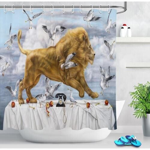 Seagull Lion Oil Painting Shower Curtain Cartoon Bath Curtain for Bathroom Artwork Decoration Polyester Fabric Shower Screen