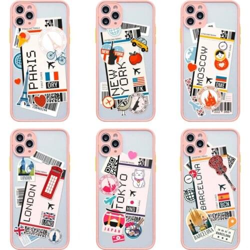 World Citiy Paris Moscow New York Travel Tickets Light pink Phone Case For iphone 12 11 Pro Max Mini XS 8 7 Plus X SE 2020 XR