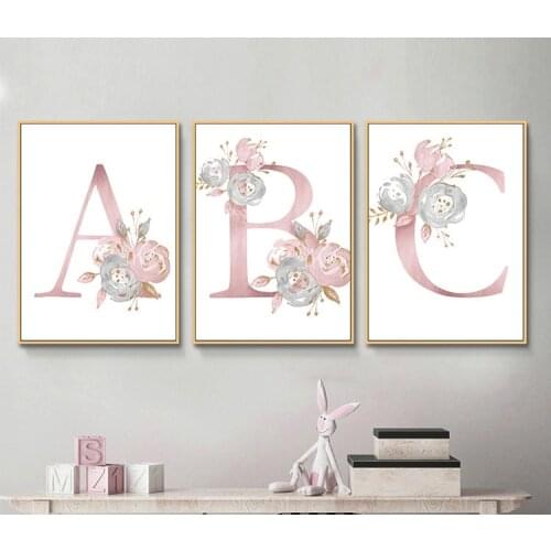 26 English Letters Ins Pink Flower Childrens Cartoon Bedroom Canvas Painting Baby Room Decor Wall Painting Canvas