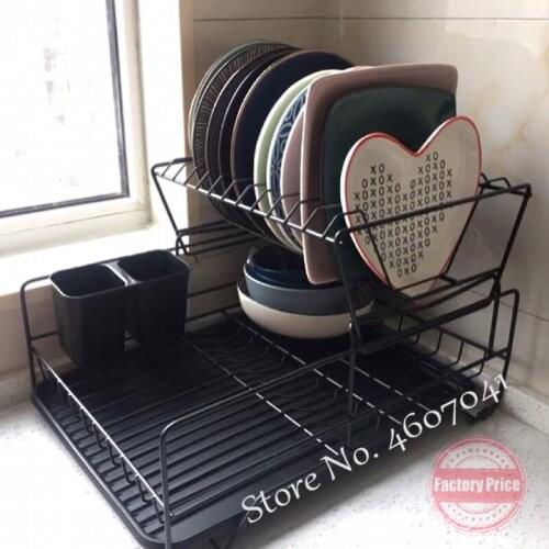 Kitchen drain iron Dish Rack Double-layer Plate Cup Drain Rack with Basket Painted metal Tableware Storage Racks