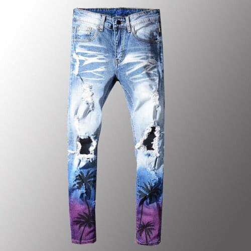 New Men Hi Street Destroyed Painted Jeans Pants Fashion Streetwear Tie Dye Denim Trousers Tree Printed Plus Size 28-40