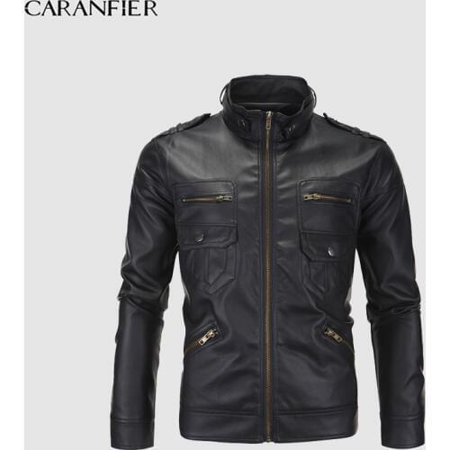 CARANFIER Vintage Mens Leather Jackets Men PU Faux Fall Winter Thin Coats Biker Punk Motorcycle Male Retro Jacket Stand Pockets