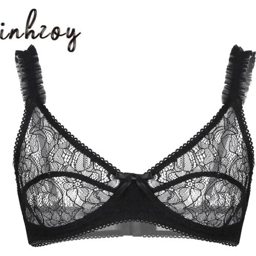 Gay Male Mens Erotic Sissy Bra Tops Lingerie Adjustable Spaghetti Shoulder Straps Floral Lace Trim Wire-free Bra Tops