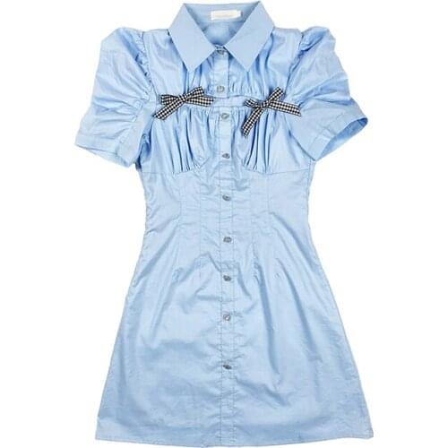 PERHAPS U Women Preppy Style Bow Turn Down Collar Hollow Out Puff Sleeve Pleated Folds Single Breasted Short Shirt Dress D3059