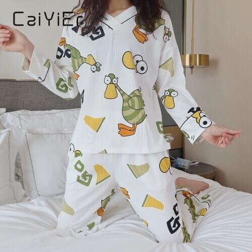 CAIYIER Autumn Winter Cotton Women Pajama Set V-Neck Cute Cartoon Print Sleepwear Girls Thick Soft Underwear Homewear Suit M-2XL