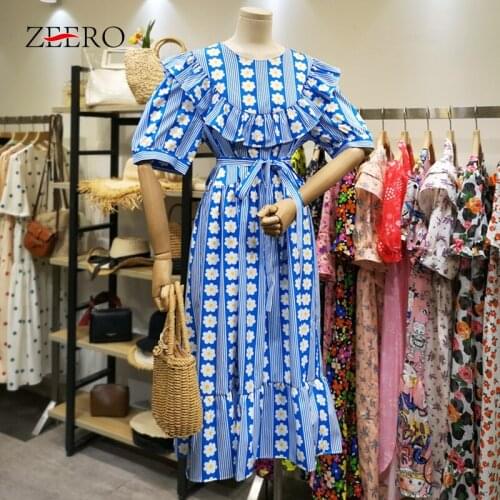 Summer Korean Daisy Print Puff Sleeve Women Ruffles Beach Boho Dress Elegant Female Casual Loose Midi Party Dresses Vestidos