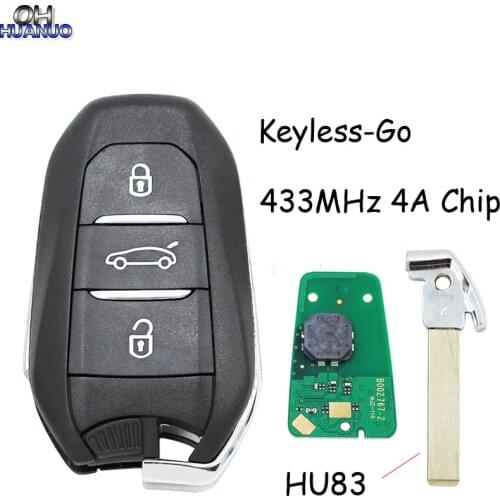 Keyless-Go smart RemoteKey 3 Buttons 433MHz 4A Chip For Peugeot 208 308 508 3008 5008 With Emergency Key HU83