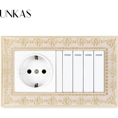 UNKAS 4D Zinc Alloy Metal Panel Russia Spain EU Standard Socket + 4 Gang 1 / 2 Way On / Off Light Switch Embossing Retro Frame