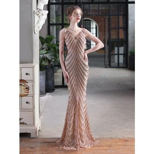 Crystal Beads Sleeve Formal Women Dress V Neck Sequins Mermaid Party Gowns Floor Length Elegant Robe De Soriee