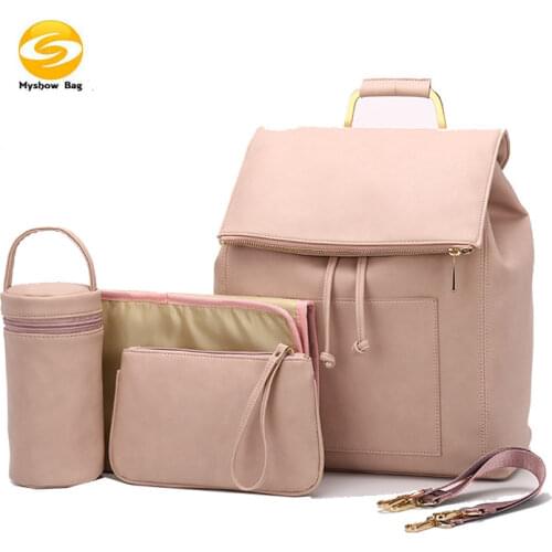 Hot Selling 2021 New Fashion PU Leather Diaper Bag 5 Pieces Urine Pad Hooks Double Shoulders Mummy Baby Bag Maternity Backpack