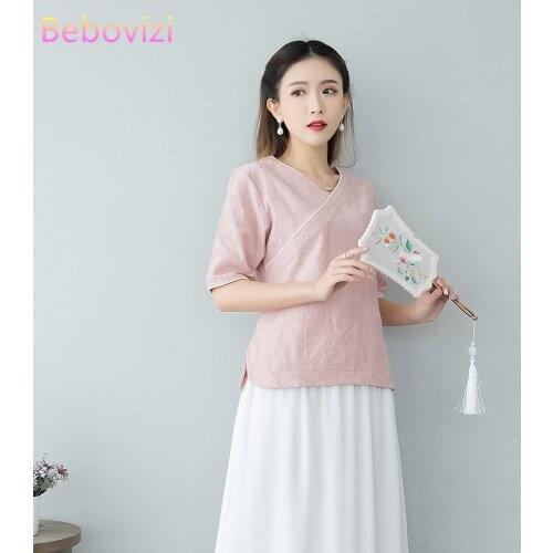 M-3XL Plus Size Retro Blue Pink Cotton Linen Summer Han Fu Traditional Chinese Clothing for Women Hanfu Tops Blouse Costume