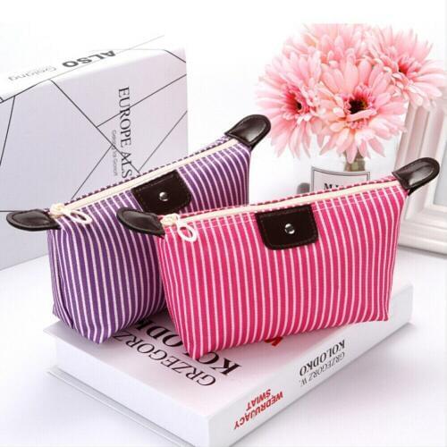 Women Striped cosmetic bag Elegant Plain Purse Travel Box Makeup Bag Toiletry Case toilet bag Clutch travel pouch
