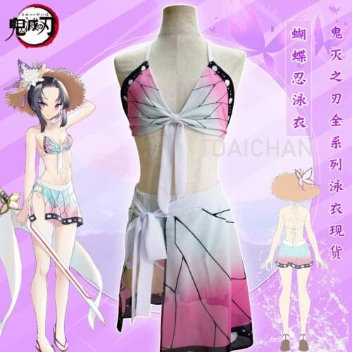 Kochou Shinobu Swimsuit Demon Slayer Kimetsu No Yaiba Costume Women Tops Briefs Set Swimwear Bathing Suit Anime Bikini Cute Girl