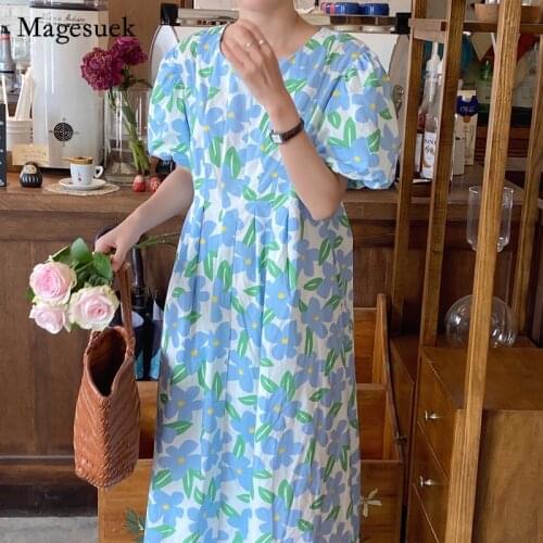 Korean Summer Floral Dress 2021 Round Collar Pleated Puff Sleeve Dresses Women High Waist Plus Size Print Dresses Vestidos 14899