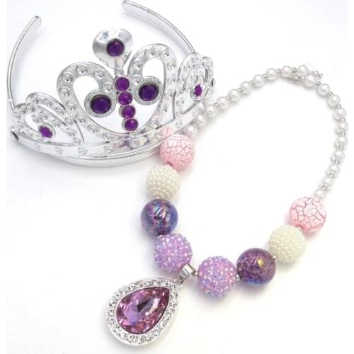 1set Baby Girls Gift Princess Purple Amulet Pendant Enfant Chunky Necklaces So fia Tiara Crown Jewelry Set For Children
