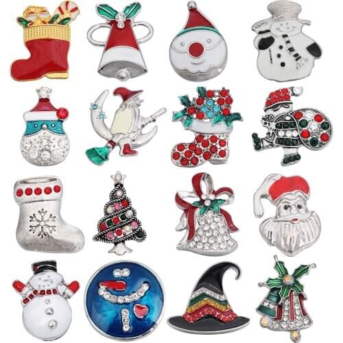 5pcs/lot Christmas Snap Jewelry Crystal Snowman Bells Snowflake Metal 18mm Snap Buttons Fit Snap Button Bracelet Christmas Gift
