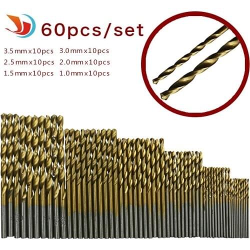 60pcs high speed steel titanium plated twist drill bit straight shank drill bit 1 1.5 2 2.5 3 3.5mm 10 pcs each
