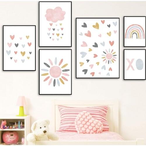 Abstract Rainbow Wall Art Poster Sun Cloud Art Print Heart Canvas Painting Baby Nursery Pictures Nordic Kids Girls Room Decor