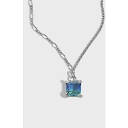 Asymmetry Necklace Authentic 925 Sterling silver 4-Prong Square Gems Green blue Stone Pendant choker necklace clavicle C-XF621