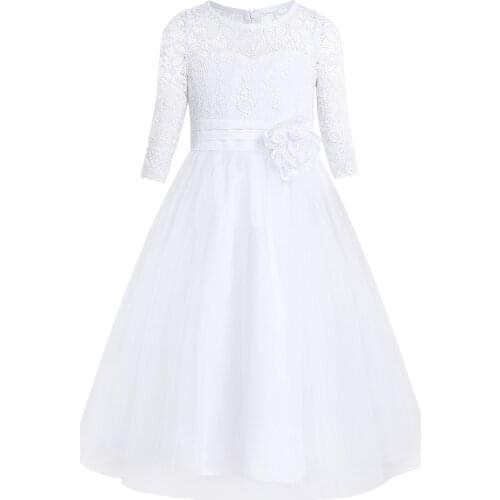 Childrens Girls Festive Dress Half Sleeves Floral Lace Bridesmaids Dress Princess Wedding Party Dress Long Christening Costume