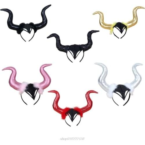 Halloween Long Demon Ox Horn Headband Evil Queen Glitter Hair Hoop Cosplay Costume Magic Witch Headpiece JY08 21 Dropship