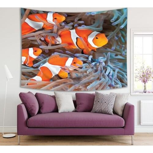 Tapestry Clownfish Underwater World Plants Fish Colorful Nature Photo Printed Orange White Gray