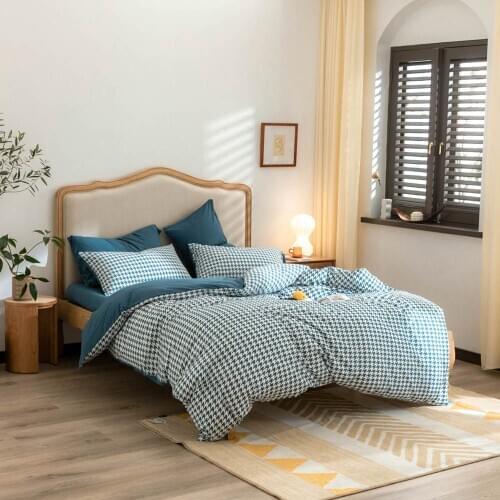 Papa&Mima Blue Houndstooth Knitted Cotton Bedding Set Soft Warm Linens Single Queen King Fitted Sheet Pillowcase Duvet Cover
