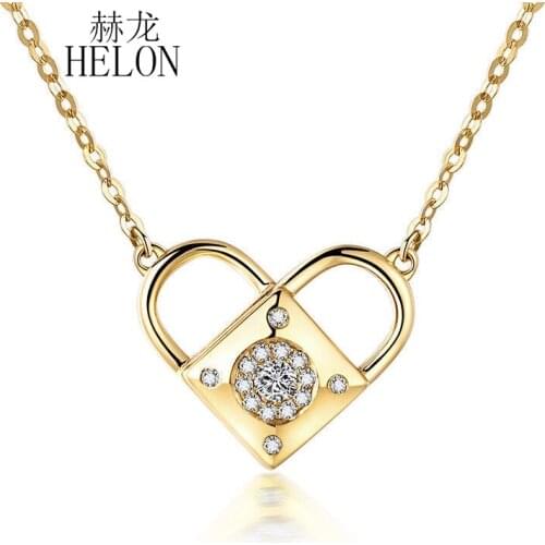 HELON Three Style Solid 18K Yellow Gold Genuine Natural Diamonds Lock Heart Pendant Necklace Engagement Wedding Women Jewelry