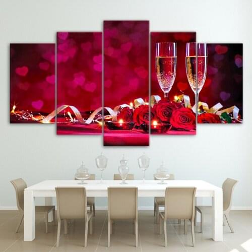 Tableau Painting Modern Art Live 5 Panel Romantic Dinner Red Roses Wine Canvas Wall Decoration Framework Poster