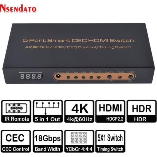 5 Port Smart CEC HDMI Timing Switch 4K 60Hz 18 Gbps 5x1 HDR HDMI Adapter Switcher With IR Romote for Dolby DTS HD LPCM HDTV PS4