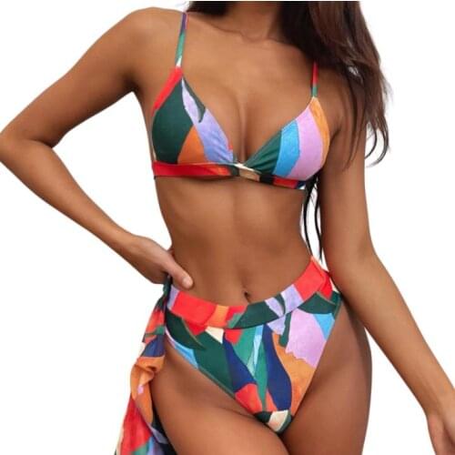Women Three-piece Swimming Clothes Set, Tangerine Printed Pattern Bikini Tops, Shorts and Crop Tops