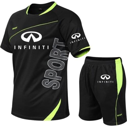 Summer high quality Casual Mens Stitching suits Infiniti Car Logo Creative collocation Mens short sleeve+shorts 2-piece set