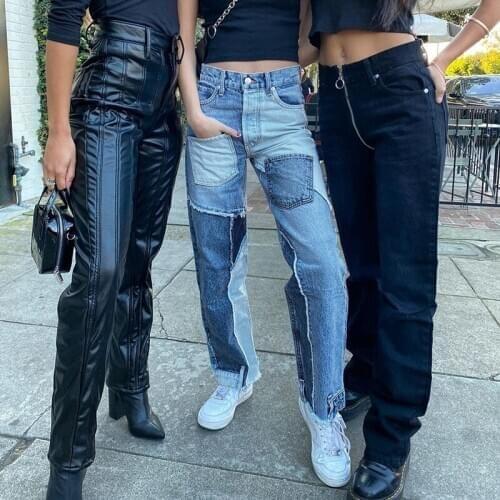 Fashion Patchwork Loose Jeans Women Color Block High Waist Pocket Long Trousers Casual Streetwear Denim Pants Ladies Clothes