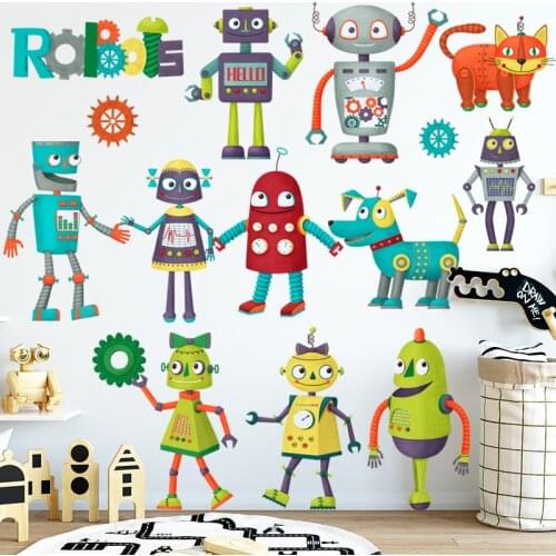 Cartoon Robot Wall Stickers Boy Kids Room Bedroom Decor Aesthetic Nursery Wall Decoration Removable Wallpaper Mural