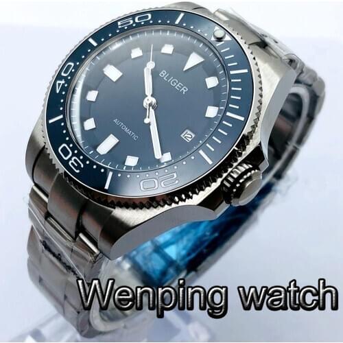 Bliger 43mm New Mens Top Mechanical Watch Watch Silver Case Sapphire Glass Ceramic Bezel Date Luminous Mens Automatic Watch