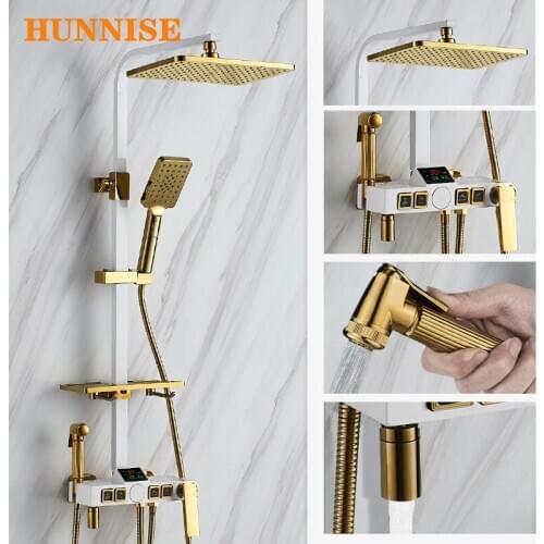 Bathroom Shower Set HUNNISE White Gold Bathroom Shower Mixer System 12 Inch Rainfall Shower Head Brass Digital Bath Shower Set