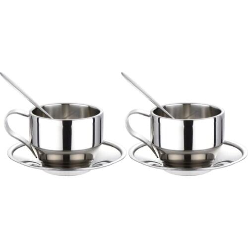 Insulated Coffee Cup Set - Stainless Steel Double Walled Espresso Cups Latte Cappuccino Tea Cup with Saucer and Spoon 125Ml (Set
